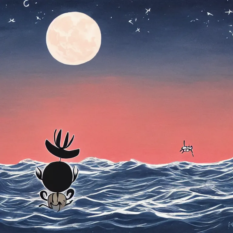 Image similar to cute creature looking at the sea with a red moon reflecting in the waves, night, low angle, in the style of Hollow Knight