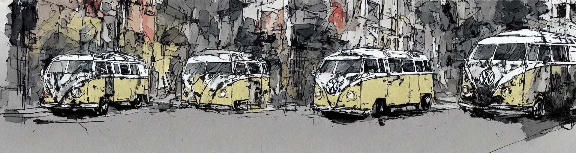 Image similar to vw bus on a street, illustration by ashley wood