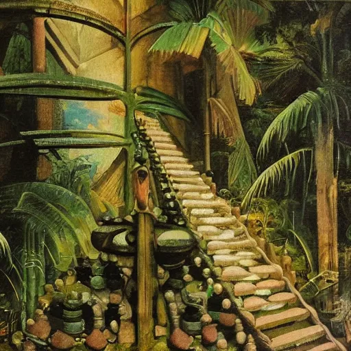 Image similar to high quality, high detail painting, dutch masterpiece, fluxus, film noir, ernst haekl, empty scene in las pozas with quetzalcoatl at night, hd, muted lighting