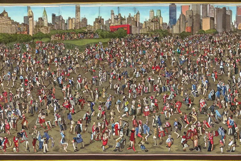 Prompt: an elaborate penned illustration of a convention of waldo's in nee york city and central park, where's wally, where's waldo, by martin hand ford and by jan van haasteren