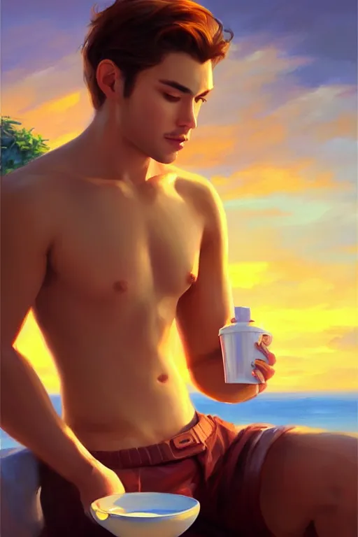 Image similar to attractive man drinking coffee, sunset, painting by vladimir volegov, ross tran, tom of finland, trending on artstation