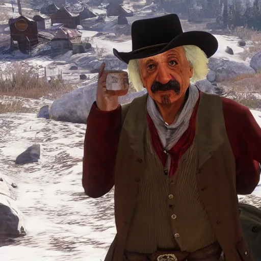 Image similar to Albert Einstein in red dead 2 redemption 4k detail