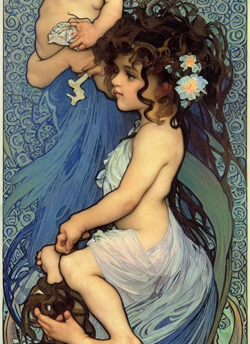 Prompt: a cute little girl with curly brown hair and blue eyes holds a blue baby dragon, beautiful painting by alphonse mucha.