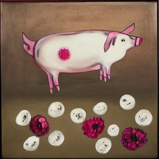 Image similar to “pig paintings and pig sculptures in a pig art gallery, pork, ikebana white flowers, white wax dripping, squashed raspberry stains, acrylic and spray paint and oilstick on canvas, by munch and Dali”