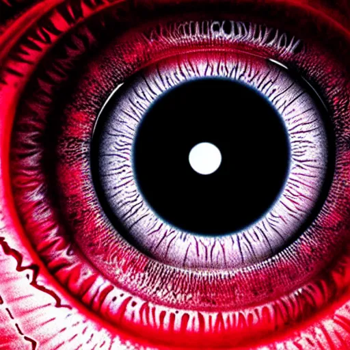 Image similar to a detailed extremely close up of inside the iris, cornea, red image, microscopic, extremely close up drawing by junji ito, cgsociety, generative art, lovecraftian, parallax, cosmic horror, extremely detailed, hyperrealism, unreal engine, octane render, award winning, masterpiece, highly detailed, realistic, 4 k, digital