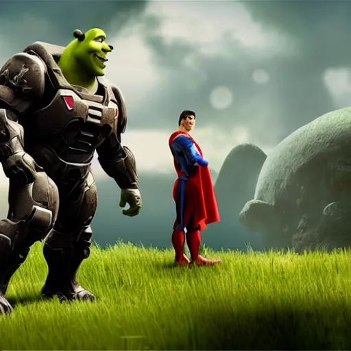 Prompt: shrek as superman in halo 5, splash art, movie still, cinematic lighting, dramatic, octane render, long lens, shallow depth of field, bokeh, anamorphic lens flare, 8 k, hyper detailed, 3 5 mm film grain