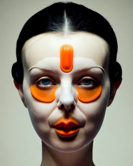 Prompt: symmetrical close - up portrait of a woman wearing a orange silicone beauty mask and hair buns, wearing a black bodysuit by alexander mcqueen, cream white background, soft diffused light, biotechnology, humanoide robot, bjork aesthetic, translucent, by rineke dijkstra, intricate details, highly detailed, masterpiece,