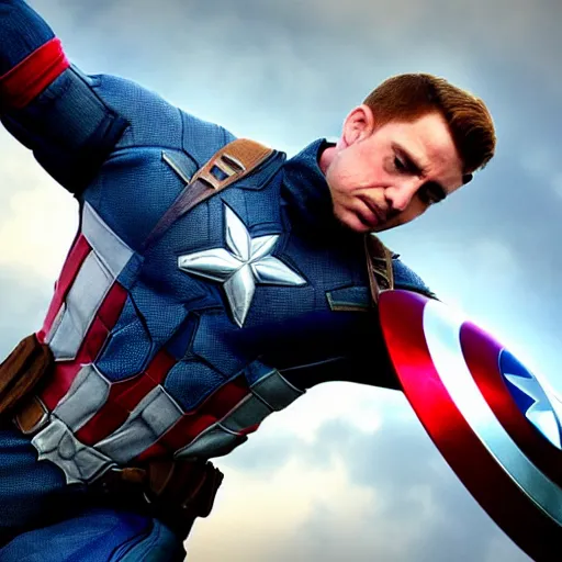 Prompt: realistic rendition of Captain America, photography, battle of endgame