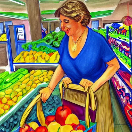 Prompt: hyperrealistic My fourth grade teacher Mrs Collins bagging groceries in the summer, high detail, dreamlike