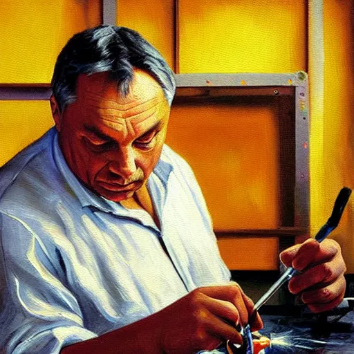 Image similar to viktor orban soldering in a workshop, oil painting