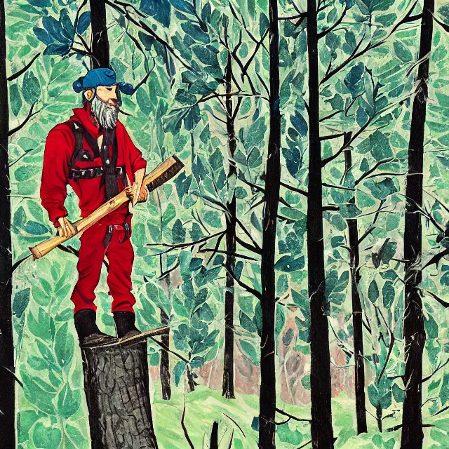 Image similar to the lumberjack of lumberville, tree woods. this gouache painting by the award - winning mangaka has beautiful color contrasts.