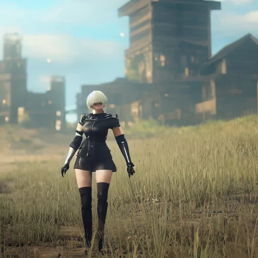 Image similar to Film still of a woman cosplaying as 2B nier automata wearing skintight clothes riding a horse, from Red Dead Redemption 2 (2018 video game), trending on artstation, artstationHD, artstationHQ