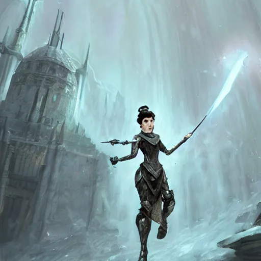 Image similar to Audrey Hepburn, battle armour, casting epic spell, magic the gathering artwork, D&D, fantasy, cinematic lighting, centered, symmetrical, highly detailed, digital painting, artstation, concept art, smooth, sharp focus, illustration, volumetric lighting, epic Composition, 8k, art by Akihiko Yoshida and Greg Rutkowski and Craig Mullins and Daniel Dociu, heroic pose, oil painting, cgsociety, magic lab background