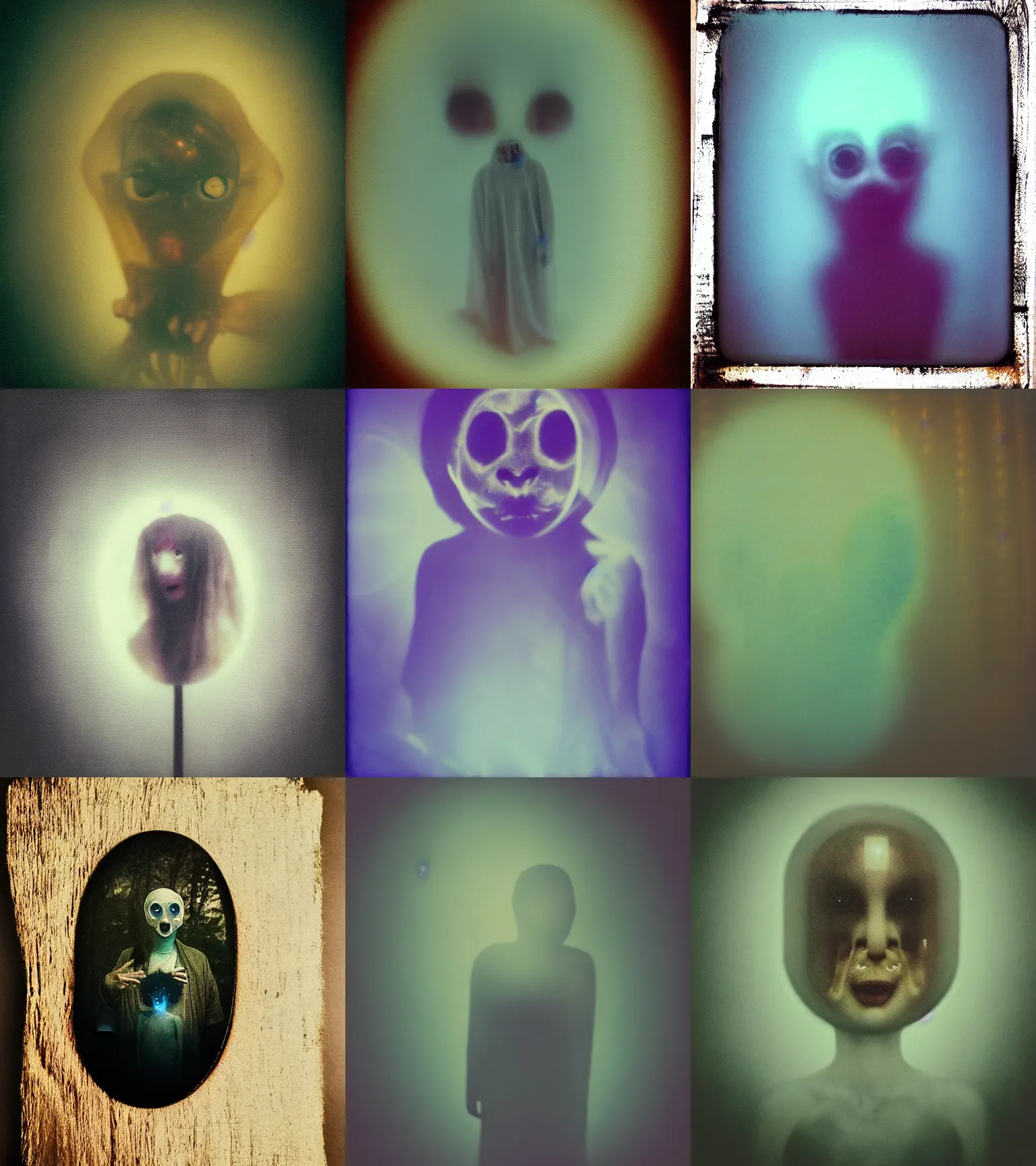 Prompt: faceless translucent cute spiritual entity face animal creature thing. studio portrait. bad selfie, blurry, zoom blur, dreamlike, hazy, spirit photography, polaroid, glowing eyes. horror painting