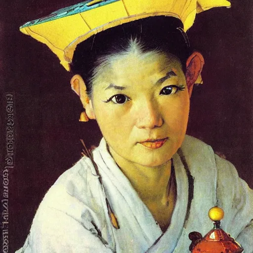 Prompt: frontal portrait of a woman wearing an asian conical hat, by norman rockwell