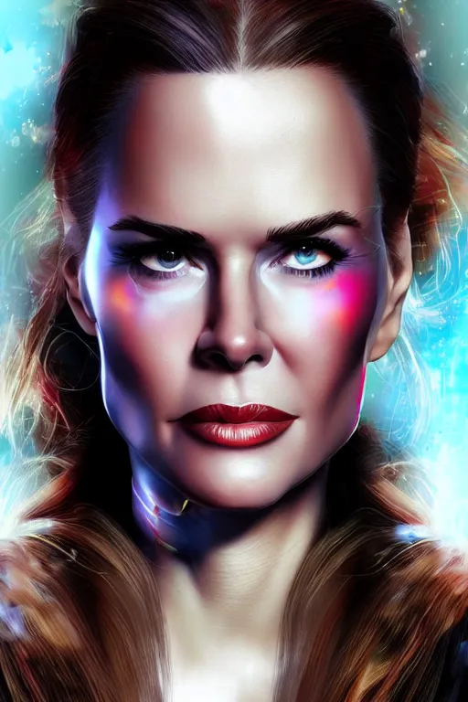 Image similar to mix of beautiful young maria shriver, mariel hemmingway, brooke shields, nicole kidman and elle macpherson as a cyborg terminator, thin lips, hair tied up in a pony tail, dark blonde hair, colorful, artstation, cgsociety