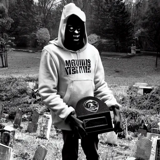 Image similar to MF DOOM standing in a graveyard with a dug up coffin, studio photograph