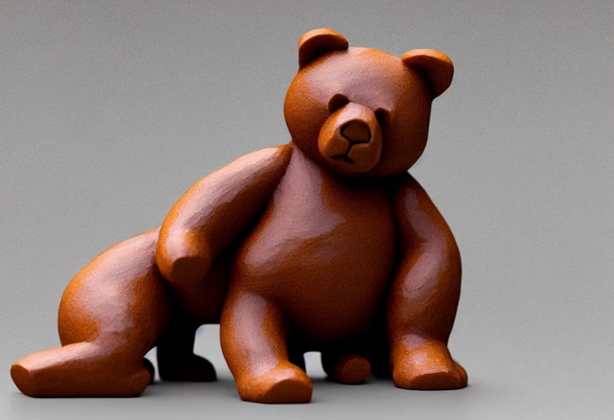 Prompt: clay bear figurine stylized on a marble table, hyper realism, low depth of field