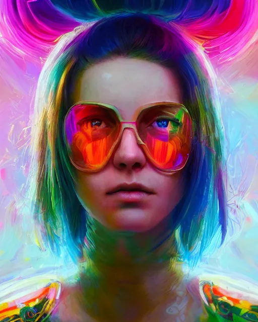 Image similar to colorful portrait of a female hippie, but set in the future 2 1 5 0 | highly detailed | very intricate | symmetrical | professional model | cinematic lighting | award - winning | painted by mandy jurgens | pan futurism, dystopian, bold psychedelic colors, cyberpunk, anime aesthestic | featured on artstation