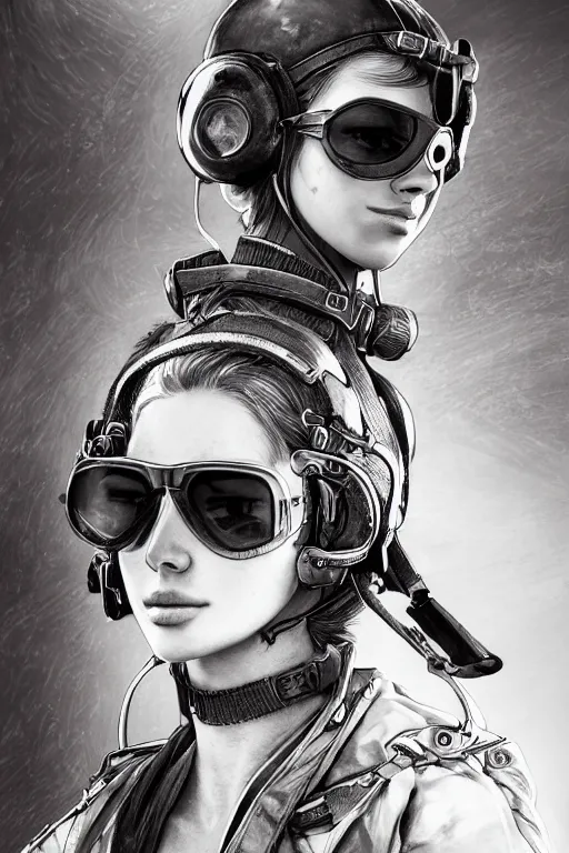 Prompt: studio portrait of a female aviator, wearing aviator goggles, beautiful, elegant, young skinny pretty european gravure idol, an ultrafine hyperdetailed illustration by kim jung gi, intricate linework, detailed faces, super sharp focus, bright colors, octopath traveler, final fantasy, unreal engine 5 highly rendered, global illumination, radiant light, detailed and intricate environment