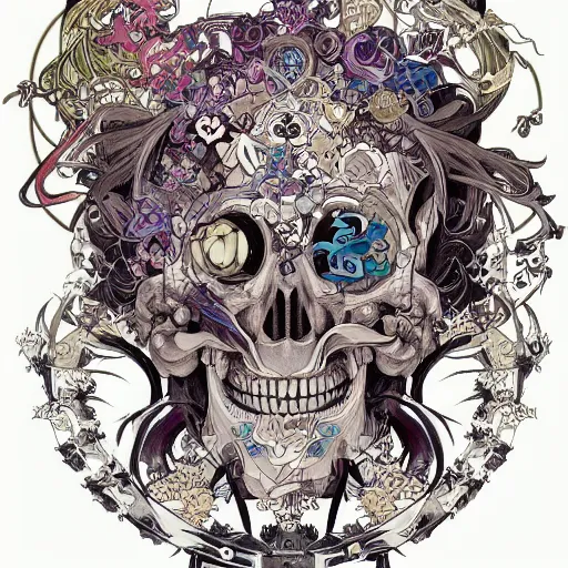 Image similar to anime manga skull portrait dragon head face skeleton illustration style by Alphonse Mucha and Takashi Murakami pop art nouveau