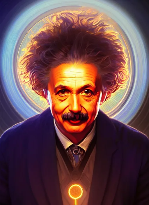 Image similar to symmetry!! portrait of einstein male, chemisty, sci - fi, glowing lights!! intricate, elegant, highly detailed, digital painting, artstation, concept art, smooth, sharp focus, illustration, art by artgerm and greg rutkowski and alphonse mucha, 8 k