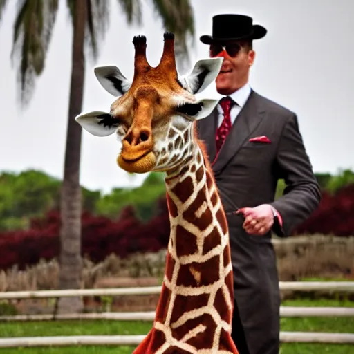 Image similar to a giraffe dressed as a butler