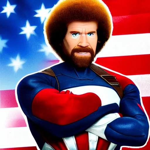 Image similar to Bob Ross as Captain America, photography, portrait