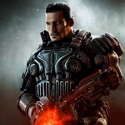 Image similar to Movie still of Johnny Depp as ((the punisher)) in Gears of War, splash art, movie still, detailed face, photorealistic facial features, cinematic lighting, dramatic, octane render, long lens, shallow depth of field, bokeh, anamorphic lens flare, 8k, hyper detailed, 35mm film grain