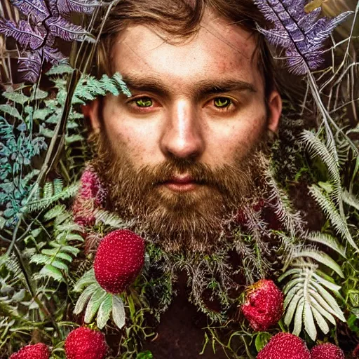 Prompt: a male knight with beard, stern face, clear eyes, shining armour made of steel, and fractal flowery hair in a fractal garden, glowing delicate flower, berries and ferns that grow in a dark fantasy forest, full frame,