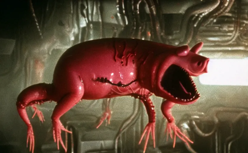 Image similar to peppa the pig infected by xenomorph from movie alien 1 9 7 9, staying at nostromo spaceship. extreme long shot, 4 k, cinestill, giger, hermann nitsch, dark colors