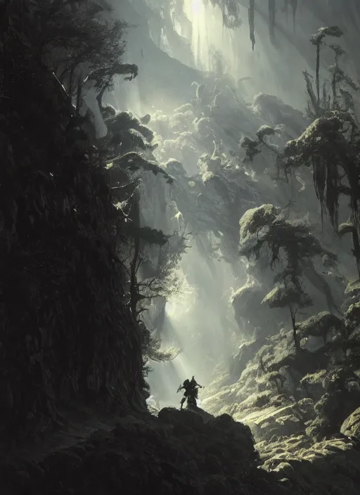 Image similar to A knight approaches the dragon's lair, ominous environment, stunning atmosphere, god light, light shafts, epic realm, in style of Ivan Shishkin and Greg Rutkowski