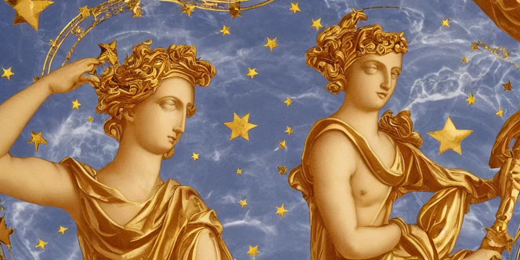 Image similar to saint Woman Venus Athena beautiful gracious baroque marble and gold in space sistina stars clouds