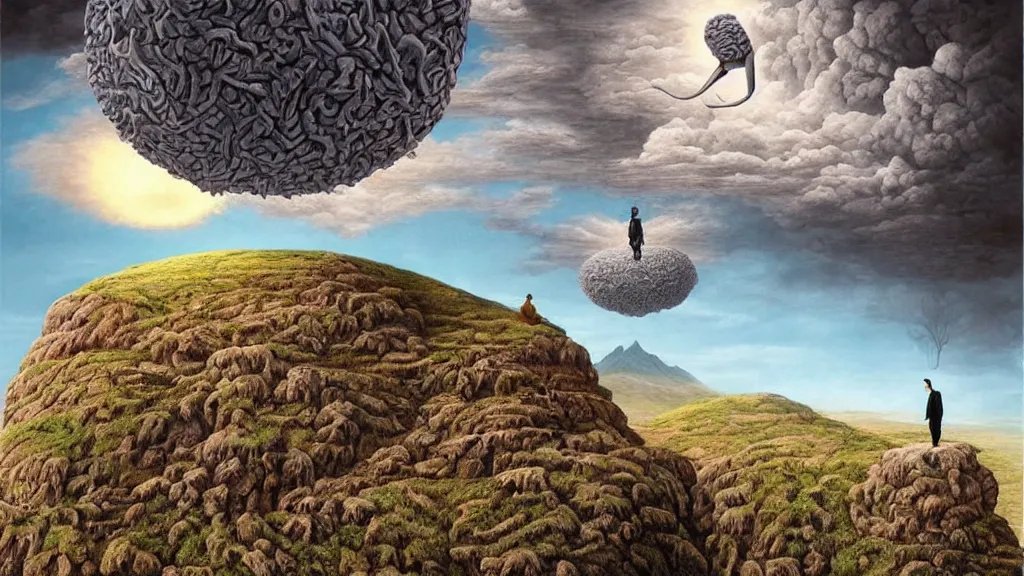 Prompt: surreal landscape with anthropomorphic!! terrain!!! in the styles of igor morski, jim warren, and rob gonsalves, intricate, hyperrealistic, volumetric lighting, serene, imaginative