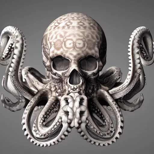 Prompt: ornately carved rococo human skull octopus hybrid, delicate detailed scrimshaw pattern of occult symbols and fractal geometry, tentacles, octane render 4 k, bone and ivory, waxy