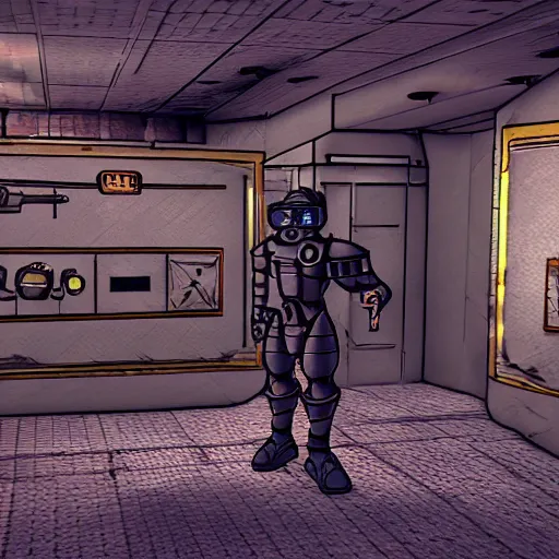 Image similar to fallout enclave fighter in power armor with a minigun in his hands stands next to the entrance to the fallout shelter, fallout 2 stylization, pseudo 3 d isometry, pixel, post - apocalypse,