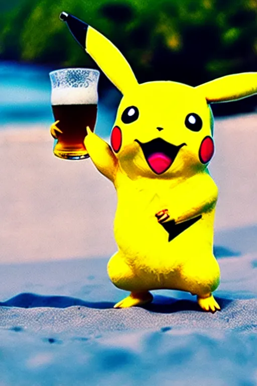 Prompt: pikachu drinking a beer on the beach