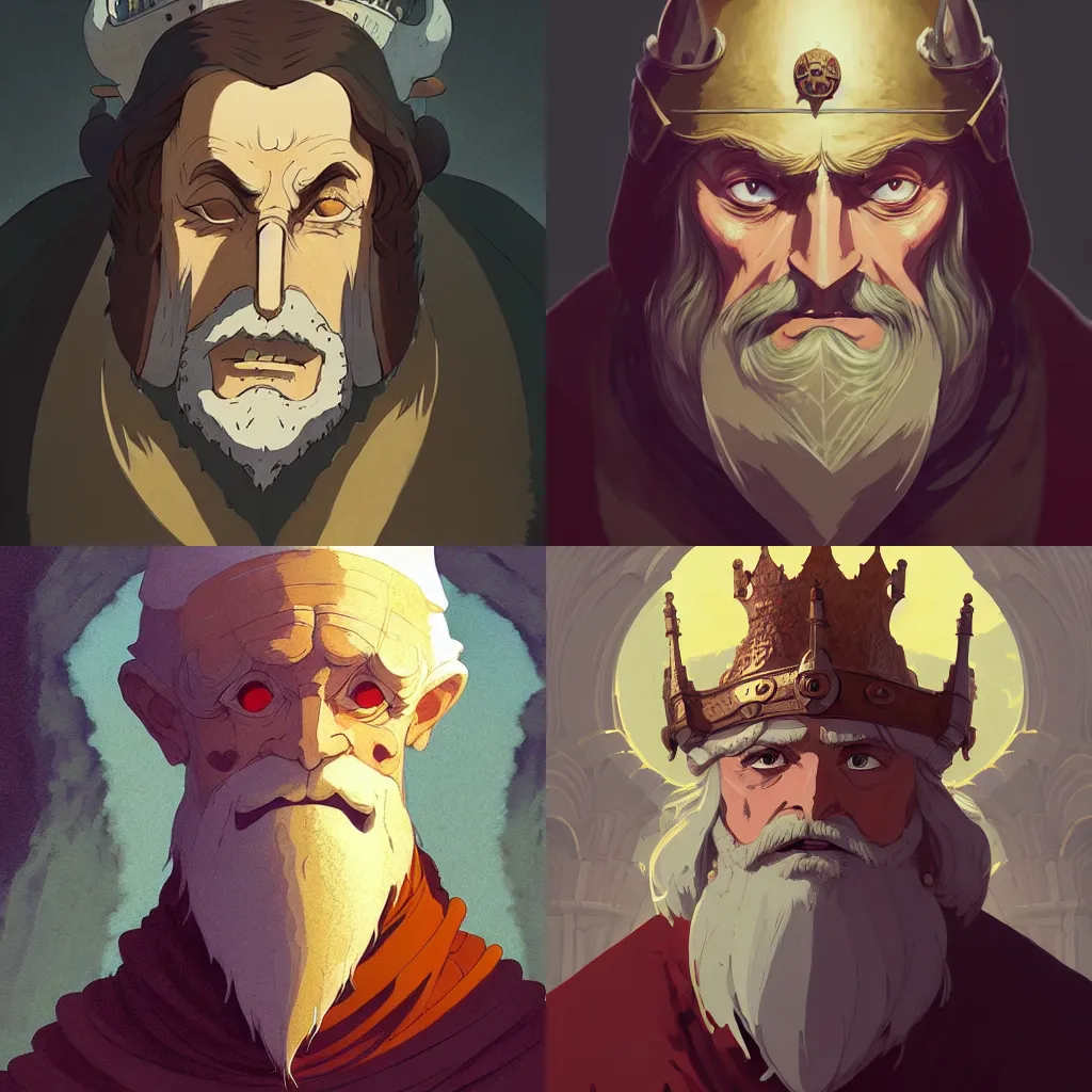 Prompt: portrait of medieval old king, artstation, cartoon, elegant highly detailed digital painting, concept art, smooth, sharp focus, illustration, art studio ghibli, makoto shinkai, don bluth, fujita goro, jean giraud, akihiko yoshida, tom whalen, anton fadeev, 8 k