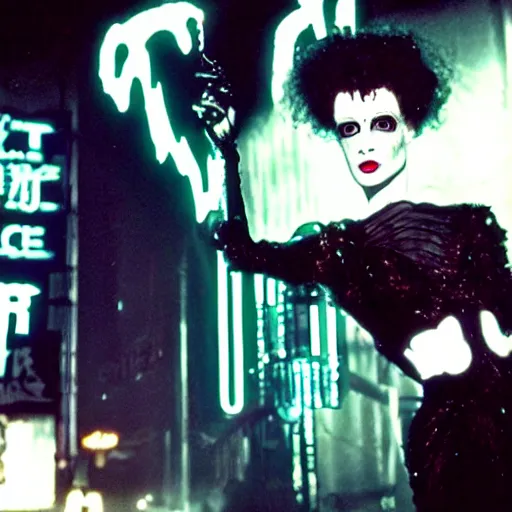 Prompt: cinematic portrait of bride of frankenstein as a replicant in a busy nightclub, frightened and angry, still from the movie bladerunner, fashion photography, a neon sign is in the background
