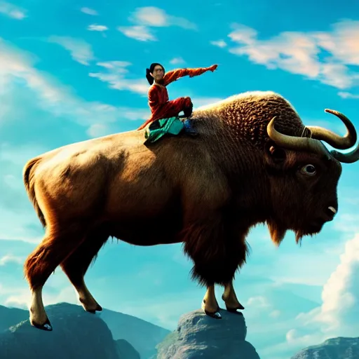 Image similar to a photograph of appa, the flying bison in the sky. live action still from avatar the last airbender ( 2 0 2 5 ). color harmony, 8 k detail, gallery quality, hd wallpaper, premium prints available.