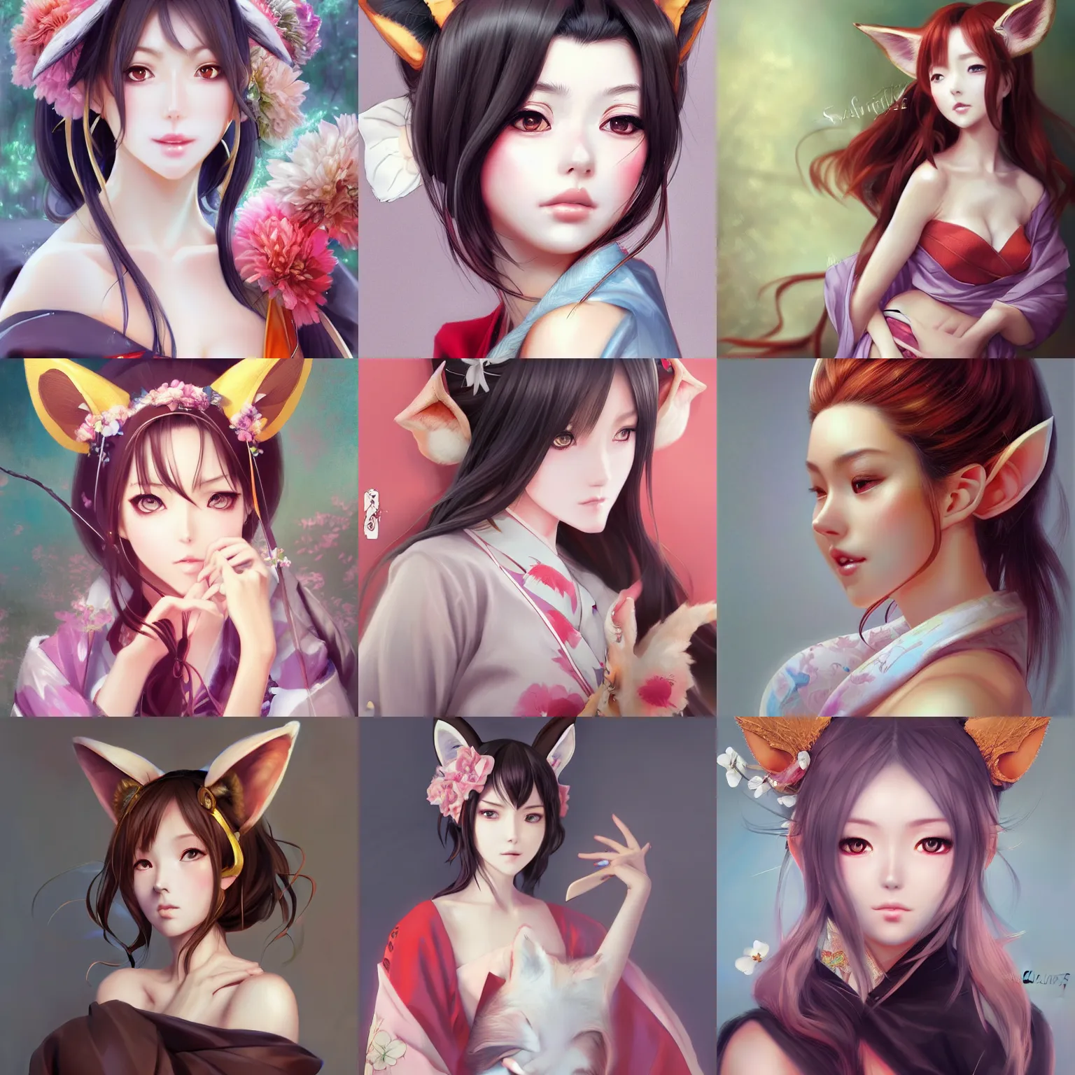 Prompt: A beautiful realistic anime portrait of a beautiful, shapely woman with fox ears wearing a kimono, digital painting, by Stanley Artgerm Lau, WLOP, Rossdraws, LeraPi, and Sakimichan, trending on ArtStation, deviantart, SFW version, hyperrealism