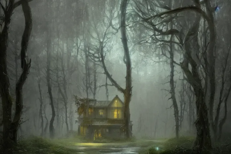 Image similar to a dark, mossy, gloomy, rainy ( ( ( ( road ) ) ) ) surrounded by woodland trees, leading to a beautiful, radiant house!!!!, illustrated by greg rutkowski and gaston bussiere, cgsociety contest winner, trending on artstation, intricately defined, complexly detailed, gloomy, rainy atmosphere, 4 k