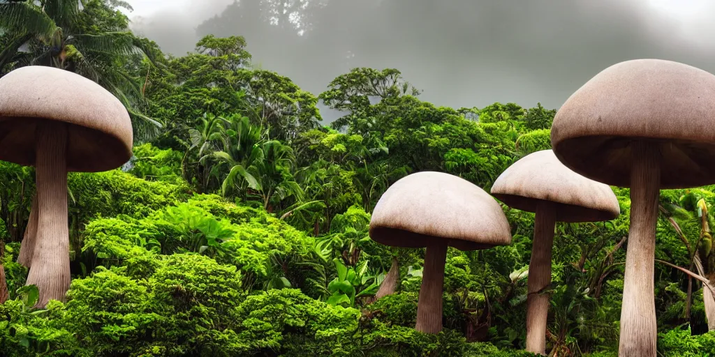 Image similar to giant bell shaped mushrooms loom over a Hawaiian villa in the middle of an tropical forest, ominous Sky, gloomy atmosphere, cinematic, mist, High definition, 8k, ultra detailed