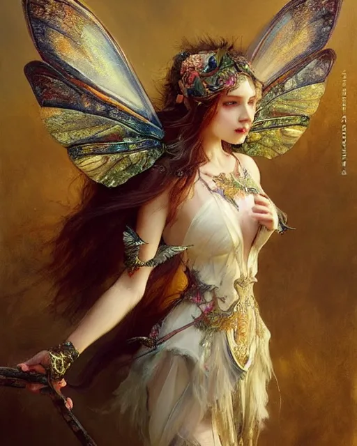 Image similar to Moth Fairy Maiden with large moth like wings wearing ornate dress by Ruan Jia and Andrei Riabovitchev, featured on Artstation, Hyperdetailed, stylized, realistic oil on linen, masterpiece, fantasy