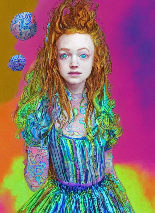 Image similar to surrealism psychedelic full body portrait sketch of sadie sink as delirium of the endless in fishnet top and rainbow tutu skirt from the sandman, floating goldfish, green and blue eye heterochromia by alex ross, josh kirby, detailed, elegant, intricate