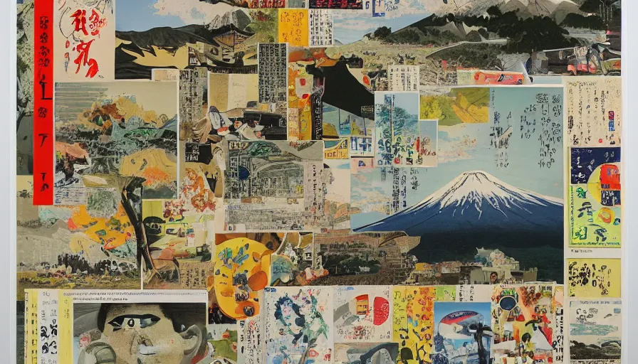 Prompt: award winning graphic design poster, cutout clips of a variety of postcards, National Geographic photographs, manga and newspaper cutouts a variety of japan travel images, natural landscape beauty, japan harvest, crafts, architecture and more, constructing an contemporary art assemblage of mount fuji and bullet train, isolated on white, painting by Yokoo Tadanori, neo-classical painting, David Hockney