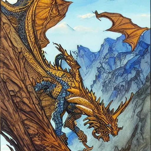Prompt: dragon flying above mountains by Rebecca Guay Magic the Gathering