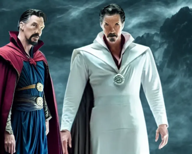 Image similar to still of dr. strange looking at moon knight dressed in his white suit, in avengers movie