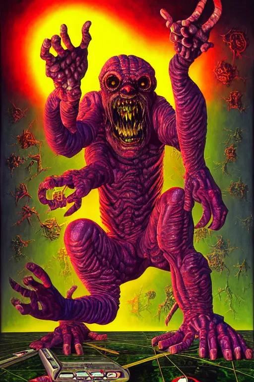 Image similar to a hyperrealistic painting of a grandiose boss fight against evil television, cinematic horror by jimmy alonzo, the art of skinner, chris cunningham, lisa frank, richard corben, highly detailed, vivid color,