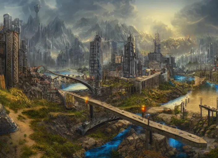 Image similar to wide shot, establishing shot of a modern day dungeons and dragons city with a river, trending on artstation, digital art, 4 k, 8 k